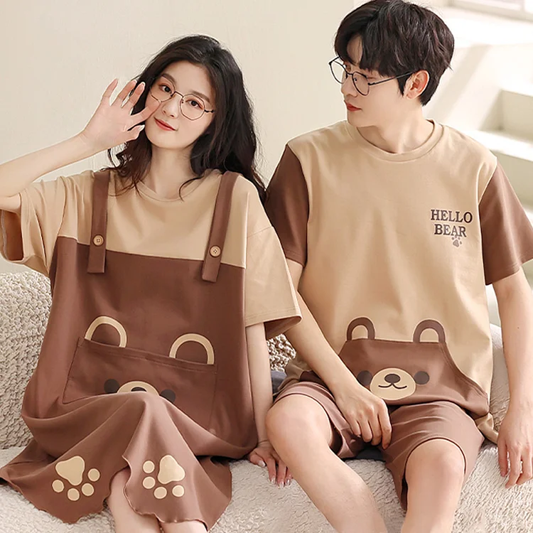 Girlfriend Boyfriend Cartoon Bear Print Colorblock Pajamas Set - Modakawa Modakawa