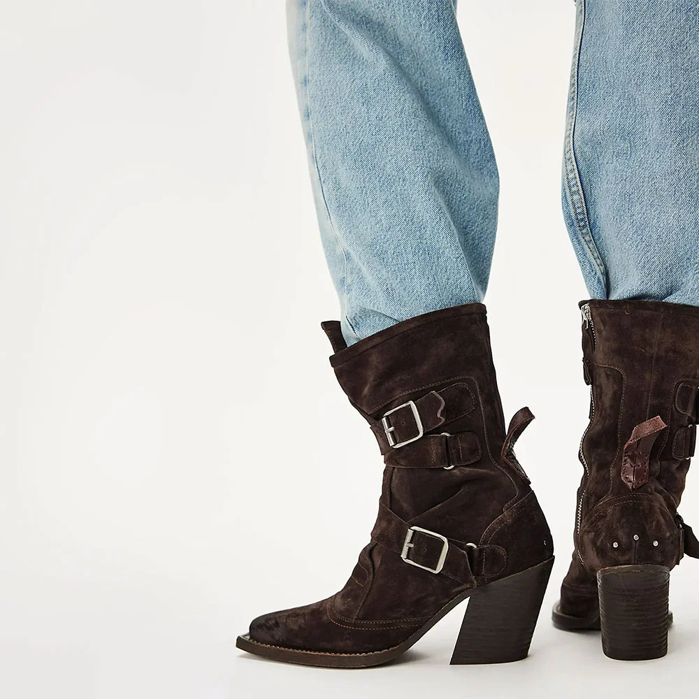 Brown Pointed Toe Multiple Buckle Strap Zipper Heeled Booties
