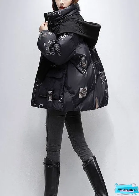 Women Black Letter Print Hooded Scarf Duck Down Down Coat Winter