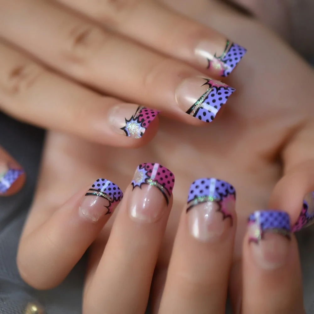 Boom Star French Nails Children Finger Decoration Pre-designed False Nails Purple Transparent Small Size Manicure Tips