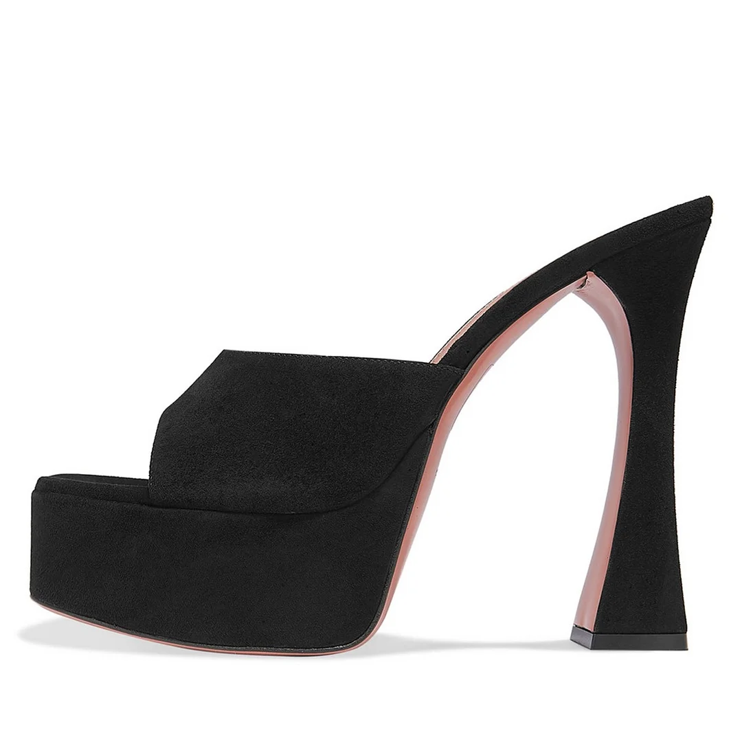 Wide Strap Square Toe Flared Heel Slip On Black Platform Sandals