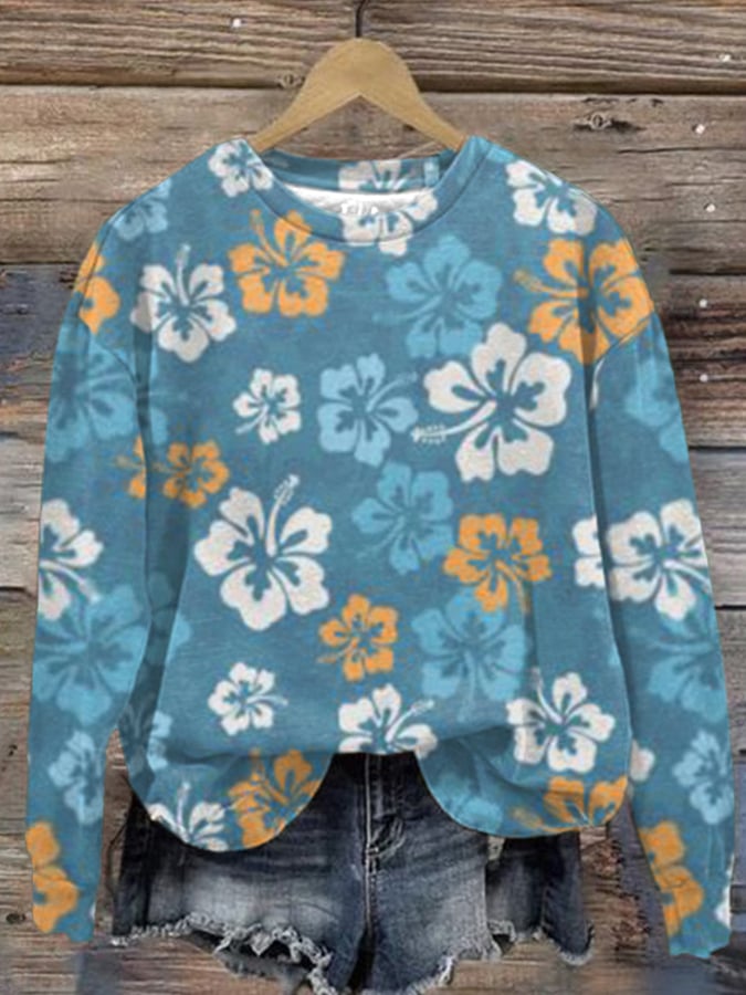 Women's Casual Hawaiian Hibiscus Floral Print Long Sleeve Sweatshirt