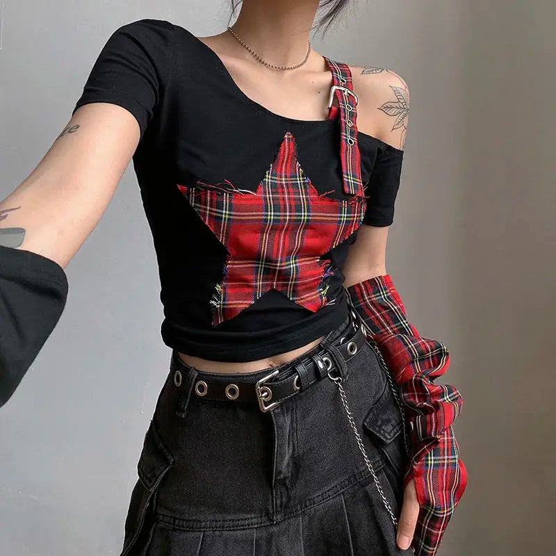 OLCooL Y2k Gothic Harajuku Punk Crop T-shirts Women Goth Dark Plaid Slim Tshirt Streetwear Cropped Tops 2024 Summer Fashion Kpop olcool