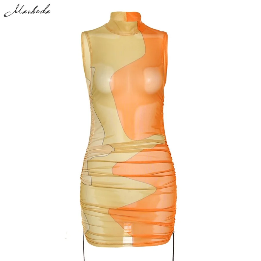 Macheda Spring Sexy Mesh See Through Slim Dress Women Fashion Printing Turtleneck Sleeveless Clothing Lady Bodycon Mini Dresses