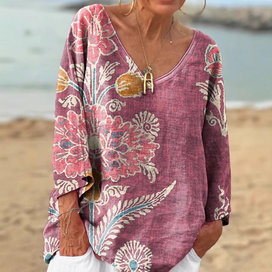 Comstylish Vintage Floral Print V-neck Loose Linen Blend T-shirt
