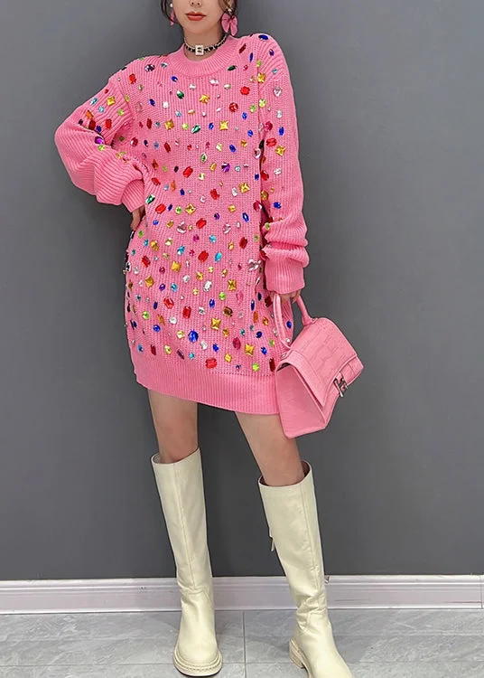 Art Pink O-Neck Bright Diamond Knit Mid Dress Winter