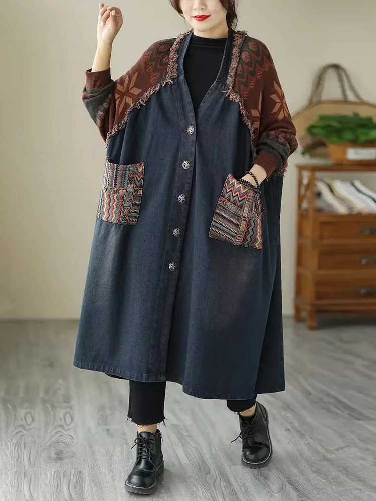Women Casual Denim Colorblock Long Sleeve Long Coat