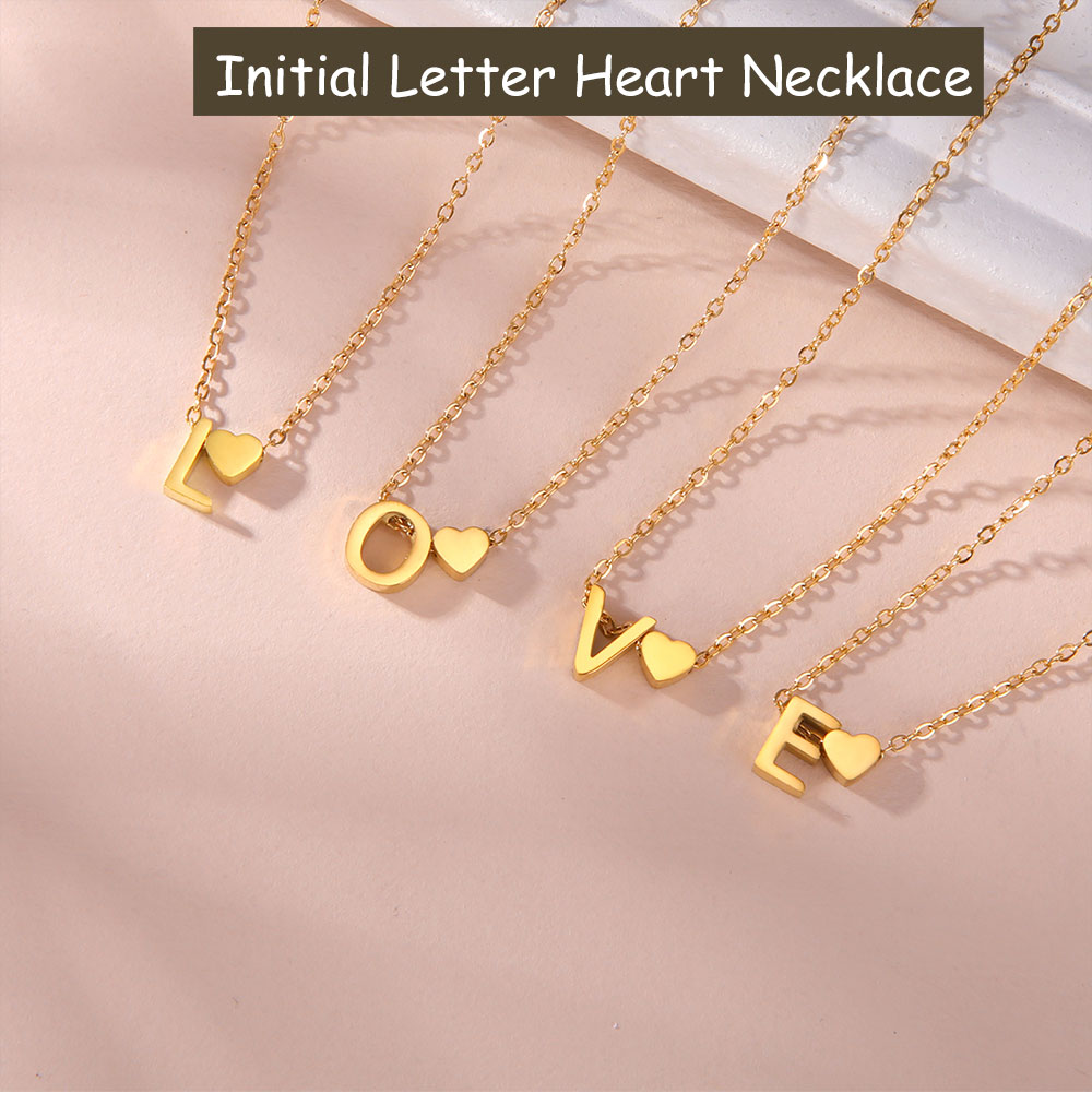 Tegooe Initial Letter Mini Heart Pendant Necklace - Stainless Steel A-Z Choker