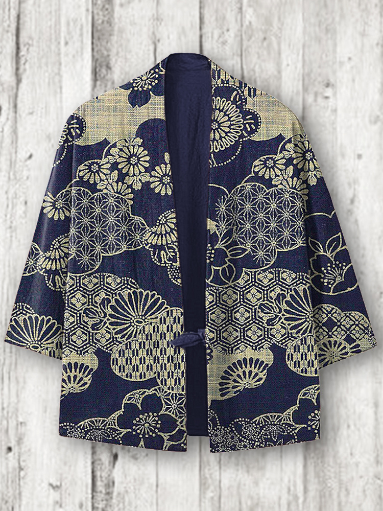 menweary Japanese Art Traditional Pattern Linen Blend Kimono Cardigan