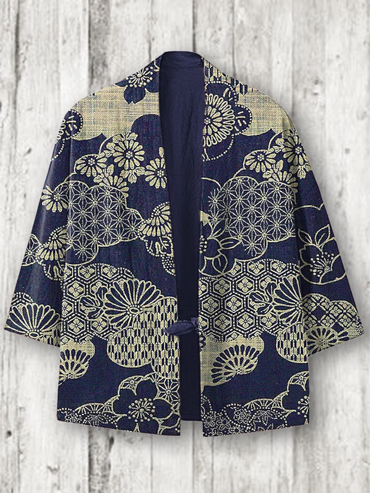 Japanese Art Traditional Pattern Linen Blend Kimono Cardigan