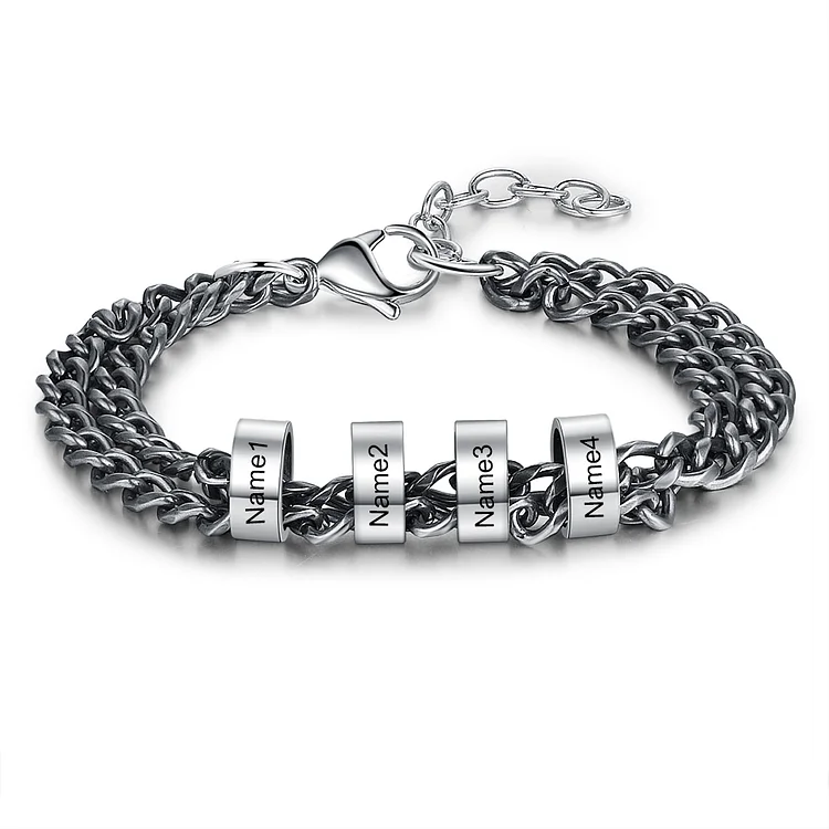 Men Cuban Chain Bracelet with 4 Beads Engraved 4 Names Gifts for Him