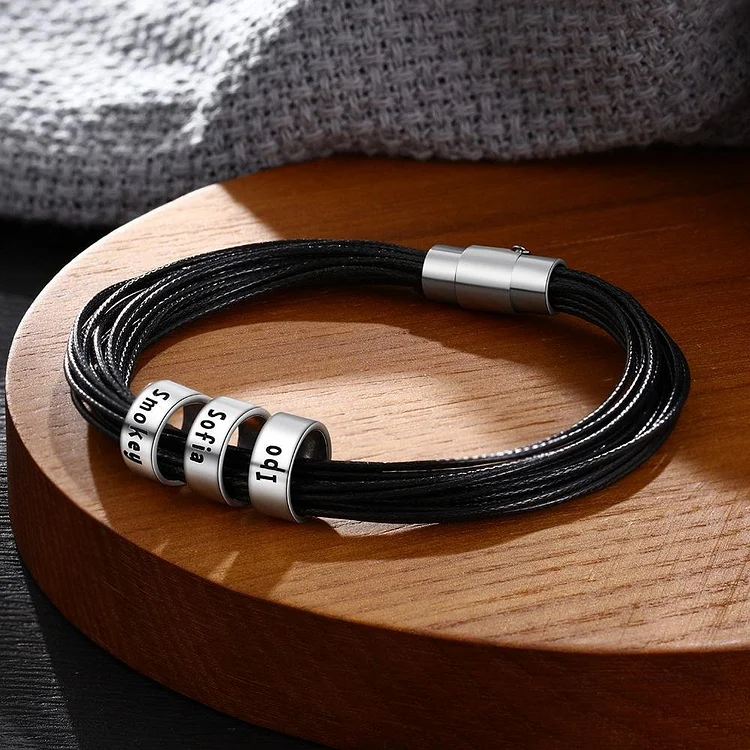 Pulsera de cuero con 3 nombres personalizados para hombre con 3 perlas