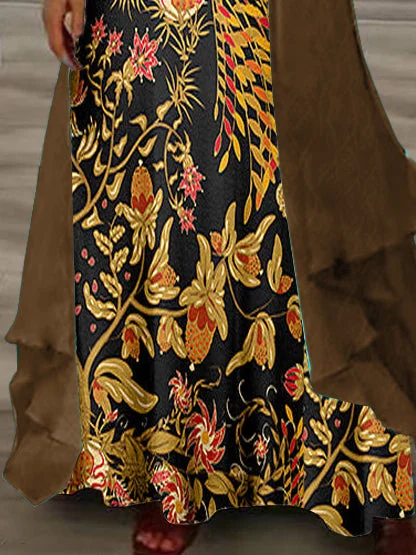 Women's Long Sleeve V-neck Floral Printed Two Pieces Maxi Dress