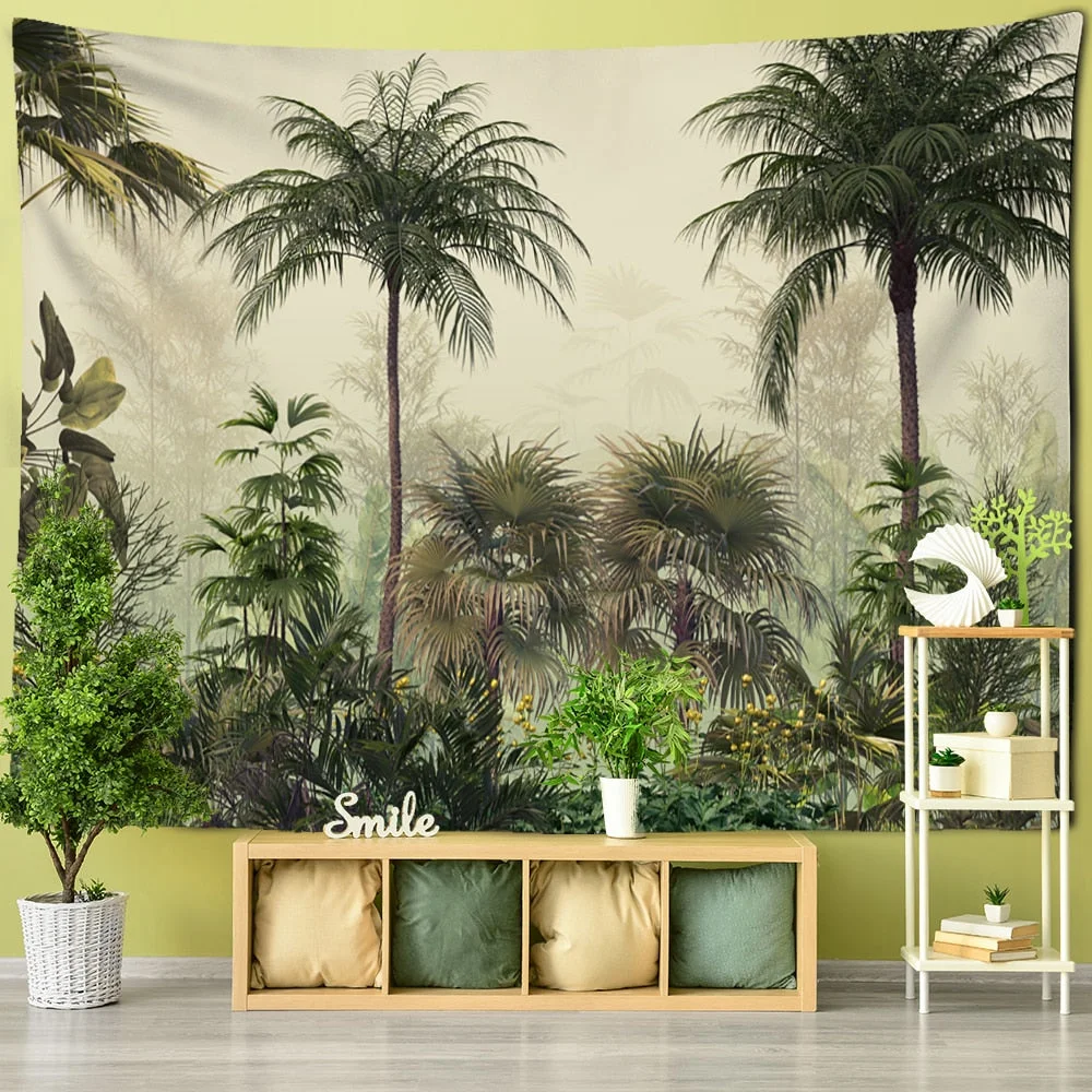 Tropical Botanical Garden Tapestry Wall Hanging Bohemian Style Natural Scenery Palm Tree Wall Art Aesthetic Decor