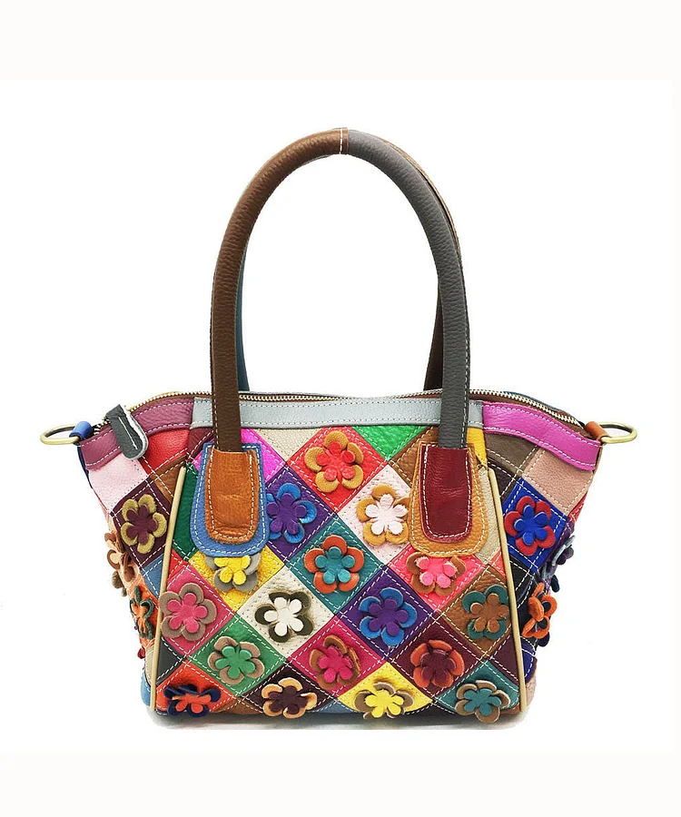 Handmade Colorblock Floral Patchwork Calf Leather Tote BAG