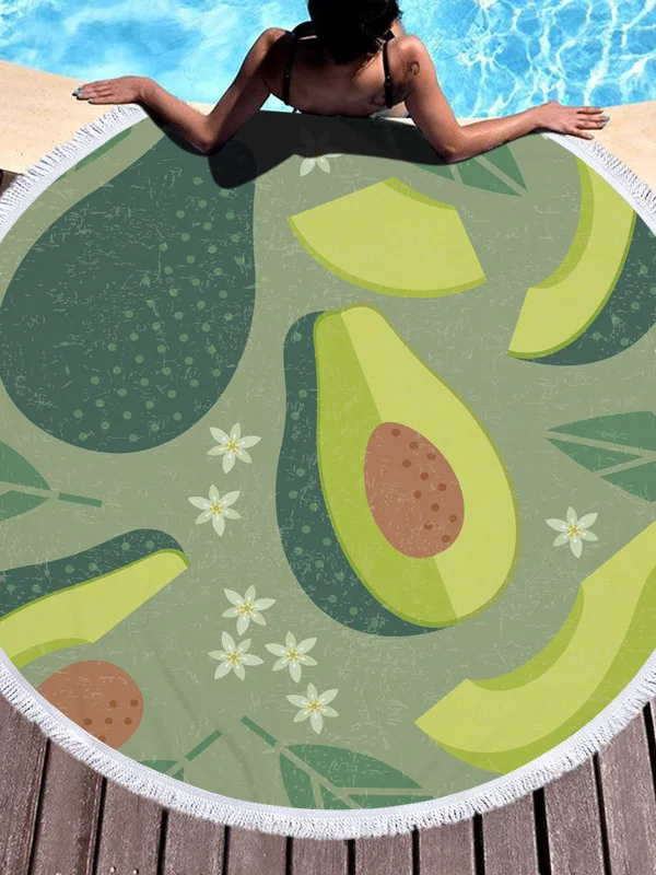 Avocado Print Round Shape Tasseled Soft Beach Mat