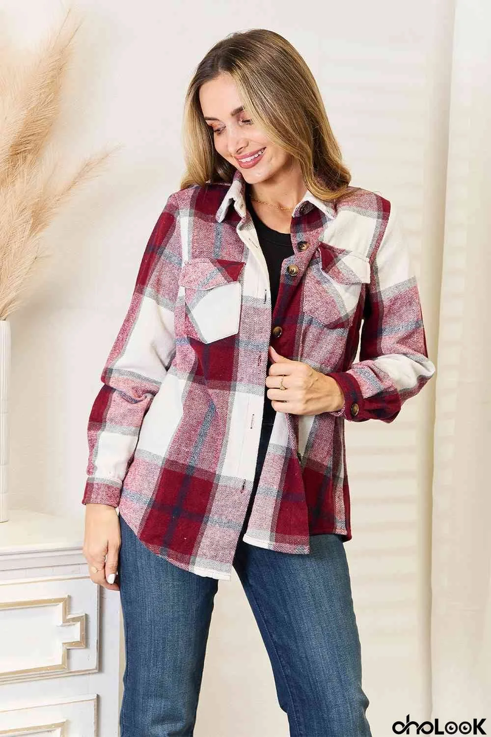 Double Take Plaid Button Up Flannel Shirt Jacket