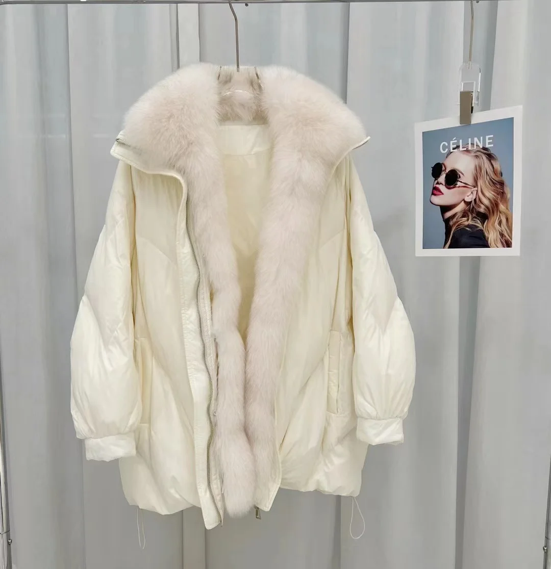 Woherb The New Winter 2024 Oversized Fox Fur Collar Loose Versatile Goose Down Female Long Style To Overcome The Coat Tide-Outfit Ideas