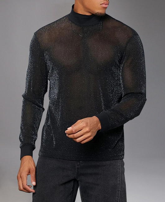 Party Sparkly See-Through Mock Neck Long Sleeve Top