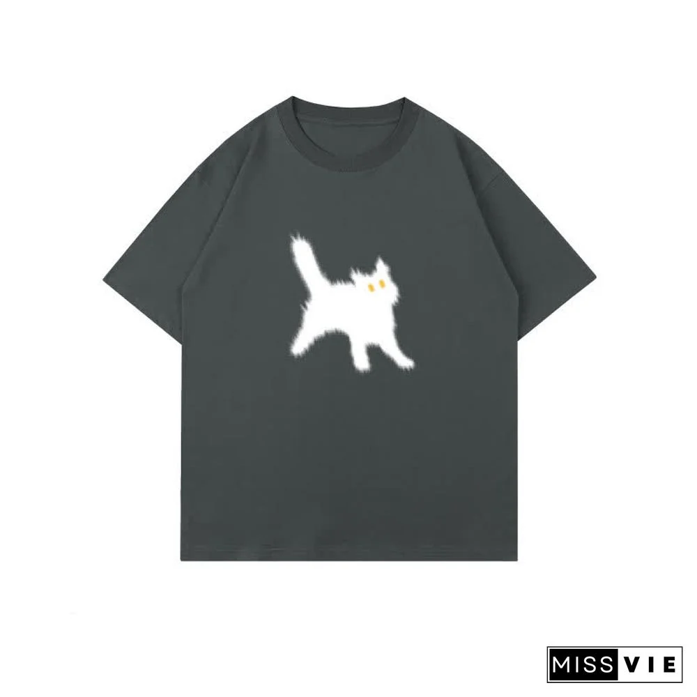 Cartoon Cat Print Round Collar Oversized T-Shirt