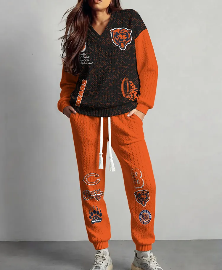 Chicago Bears  Classic All-Season Long Sleeve V-Neck Pullover Sweater & Pants Set