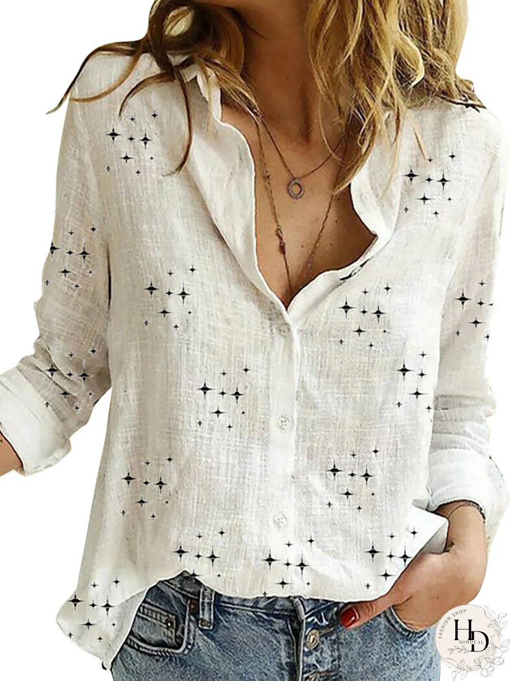 Casual Star Printed Log Sleeves Blouse