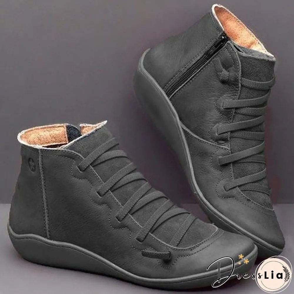 Womens Medieval Vintage Leather Boots Braided strap flat heel all season waterproof slip