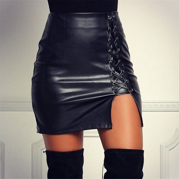  Above Knee Black PU Leather Mini Skirts 
