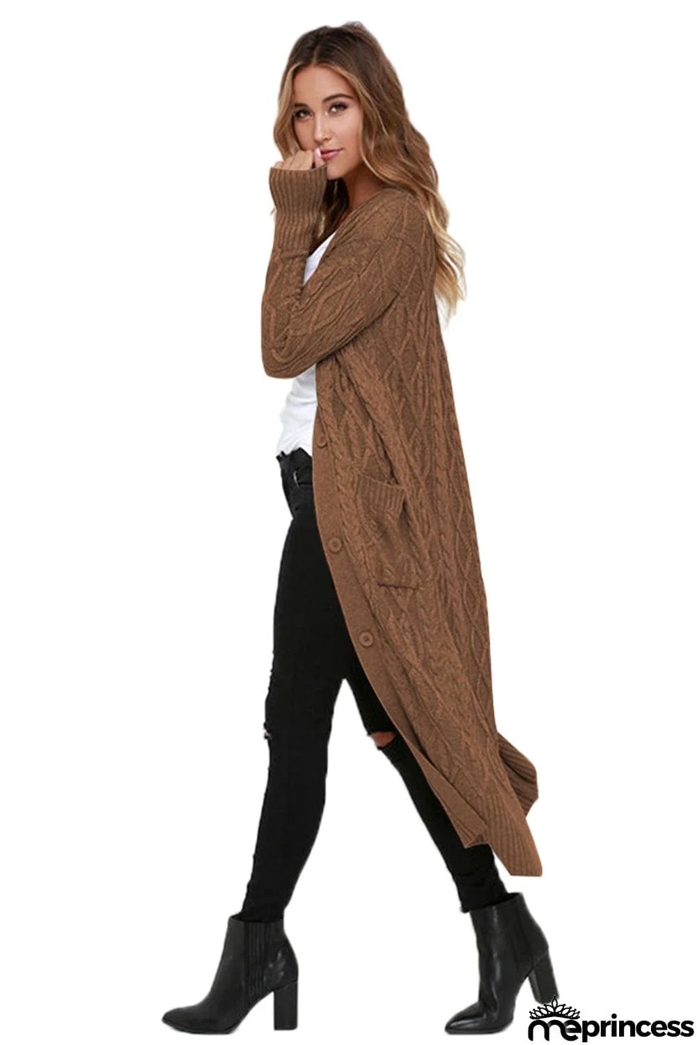 Cable Knit Open Front Long Cardigan