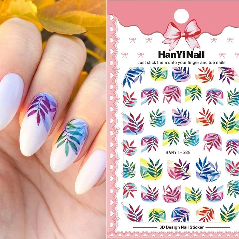 Holographic Fall Nail Foils Stickers Flower Leaf Maple Plants Self Adhesive Transfer Decals Sliders 3D Charms Nail Art Decor-Nail Inspo