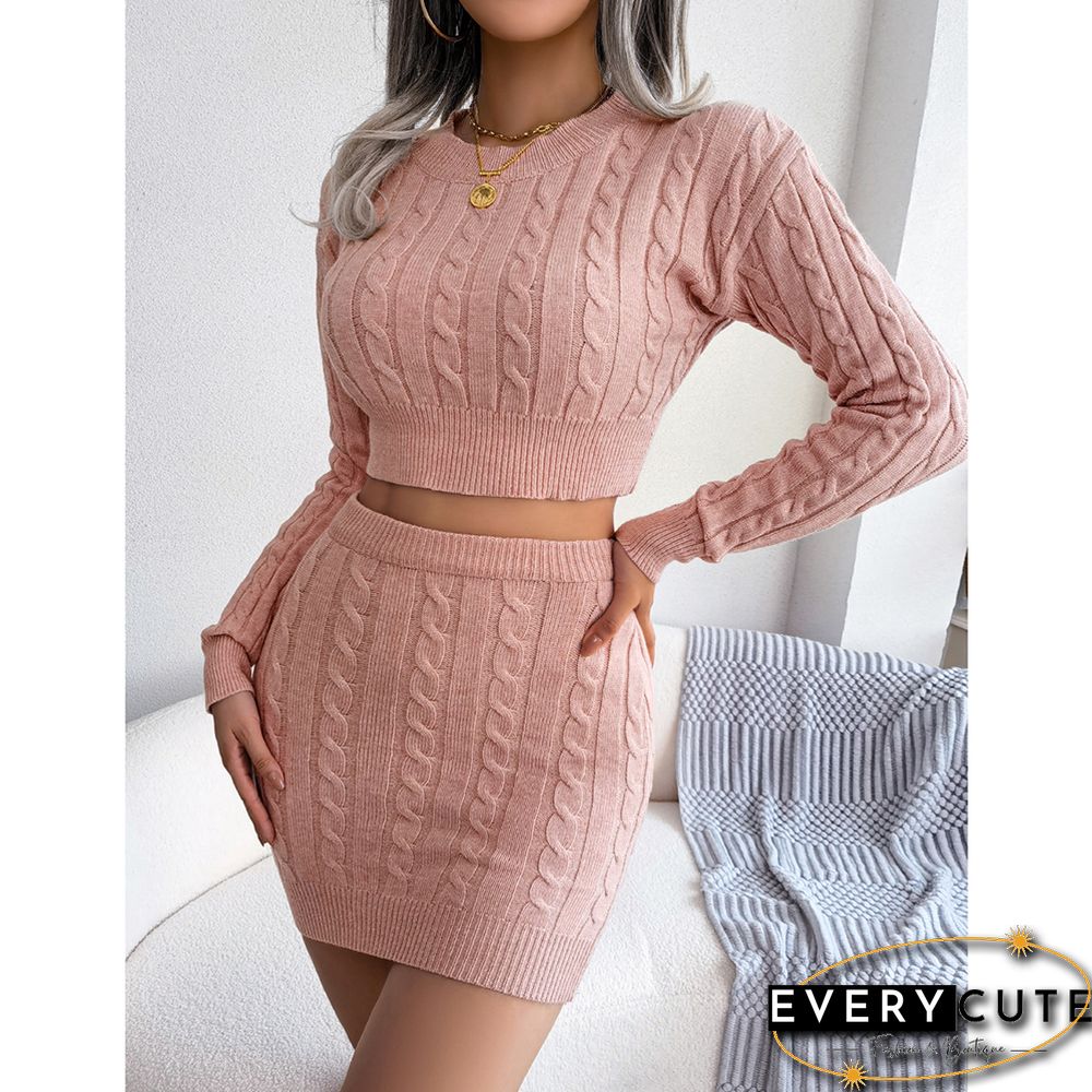 Pink Cable Knit Crop Sweater and Skirt Set