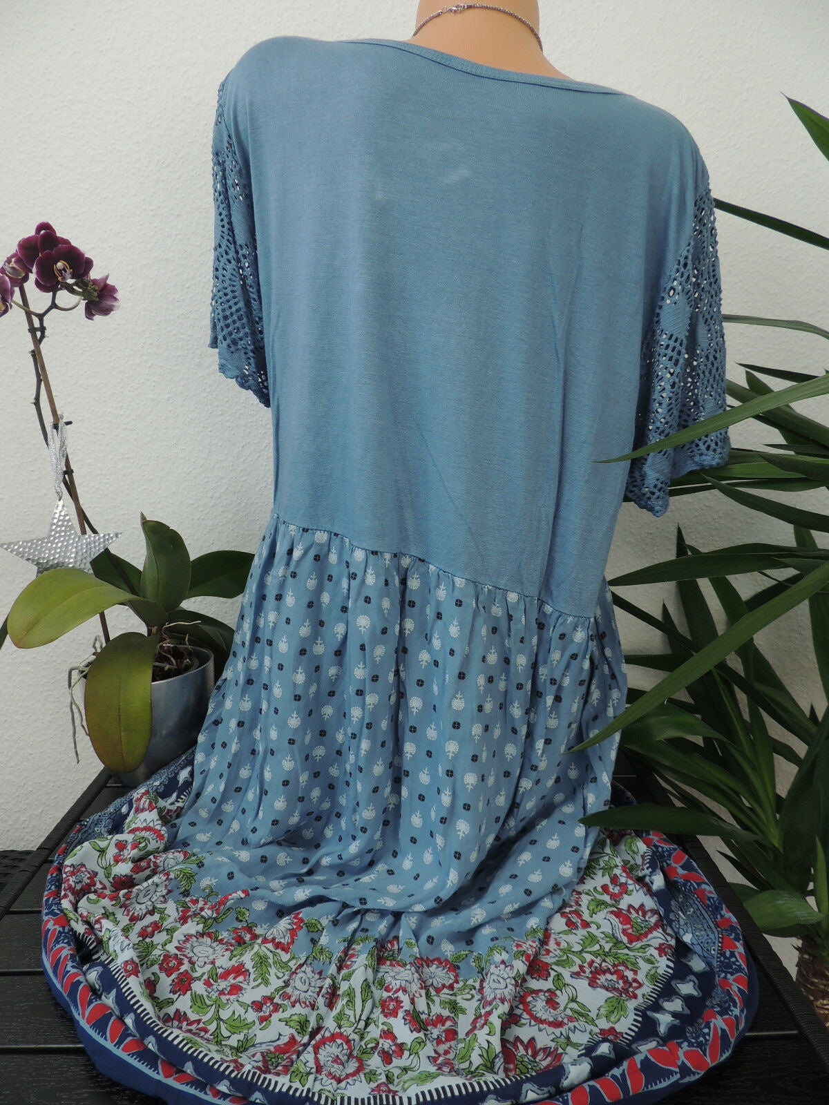 Women Short Sleeve Scoop Neck Floral Printed Lace Stitching Tops