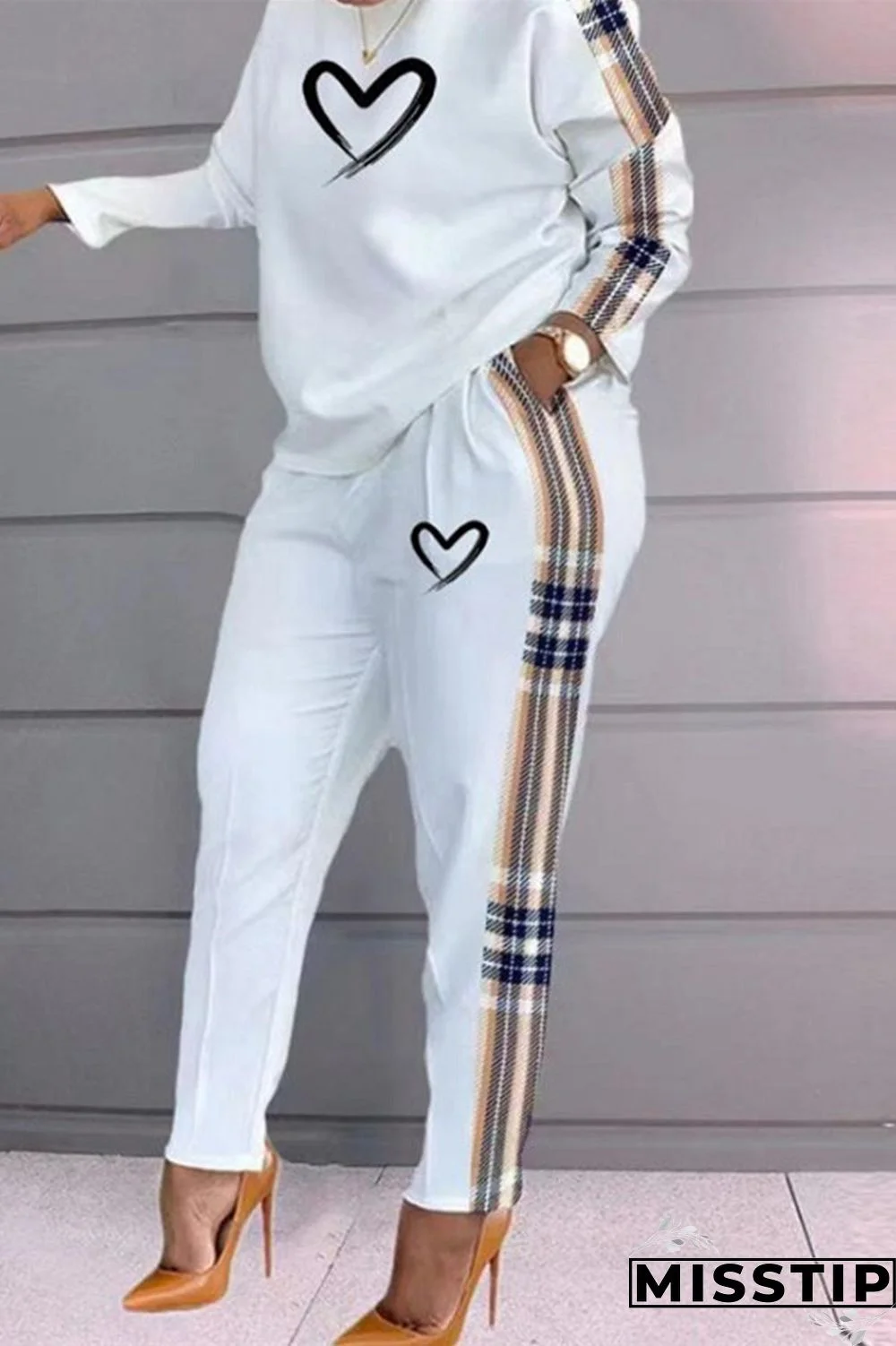 White Khaki Fashion Casual Print Patchwork O Neck Long Sleeve Two Pieces