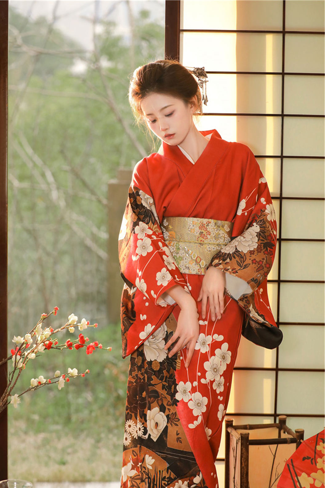 Yukata Kimono Red Gown with Chinese Style and Simple Waist Belt - はなびたいかい Stupa Stones