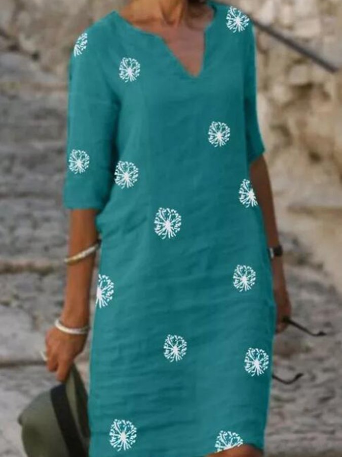 Ladies Cotton Linen V-Neck Vintage Casual Dress