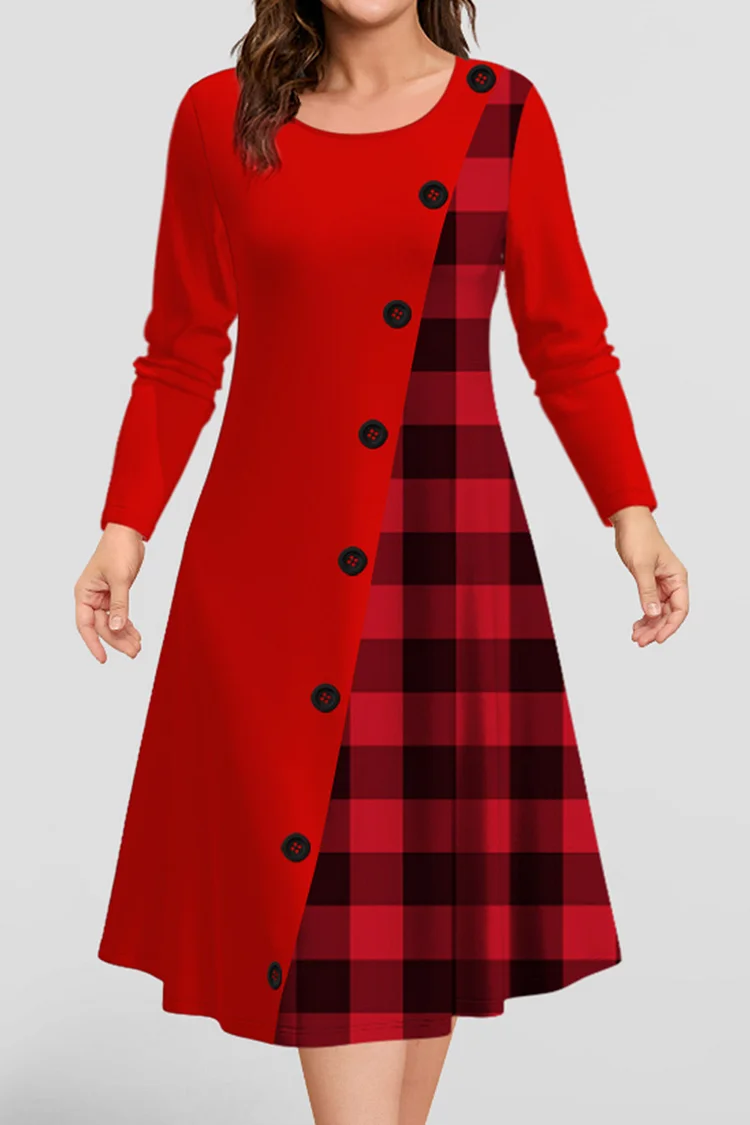 Flycurvy Plus Size Casual Red Plaid Patchwork Button Print Midi Dress