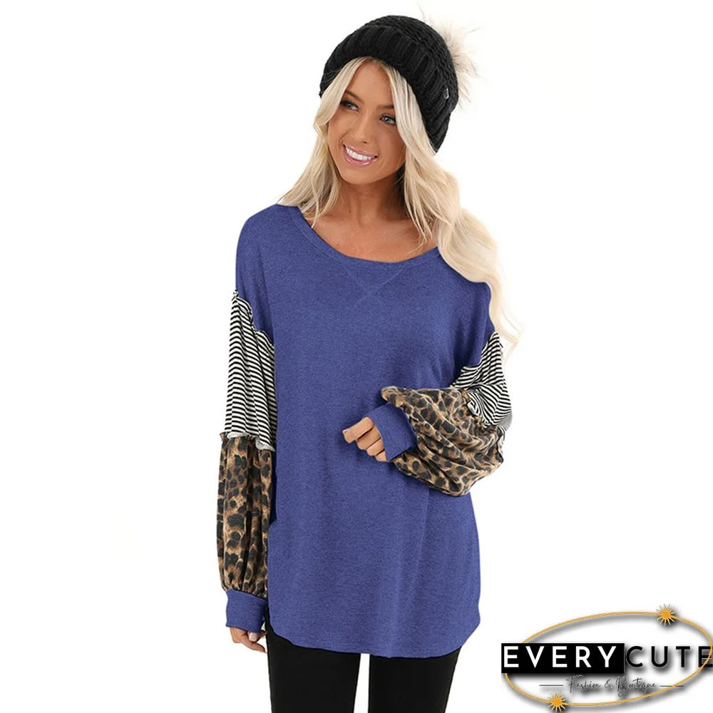 Blue Stripes and Leopard Print Puff Sleeve Tops