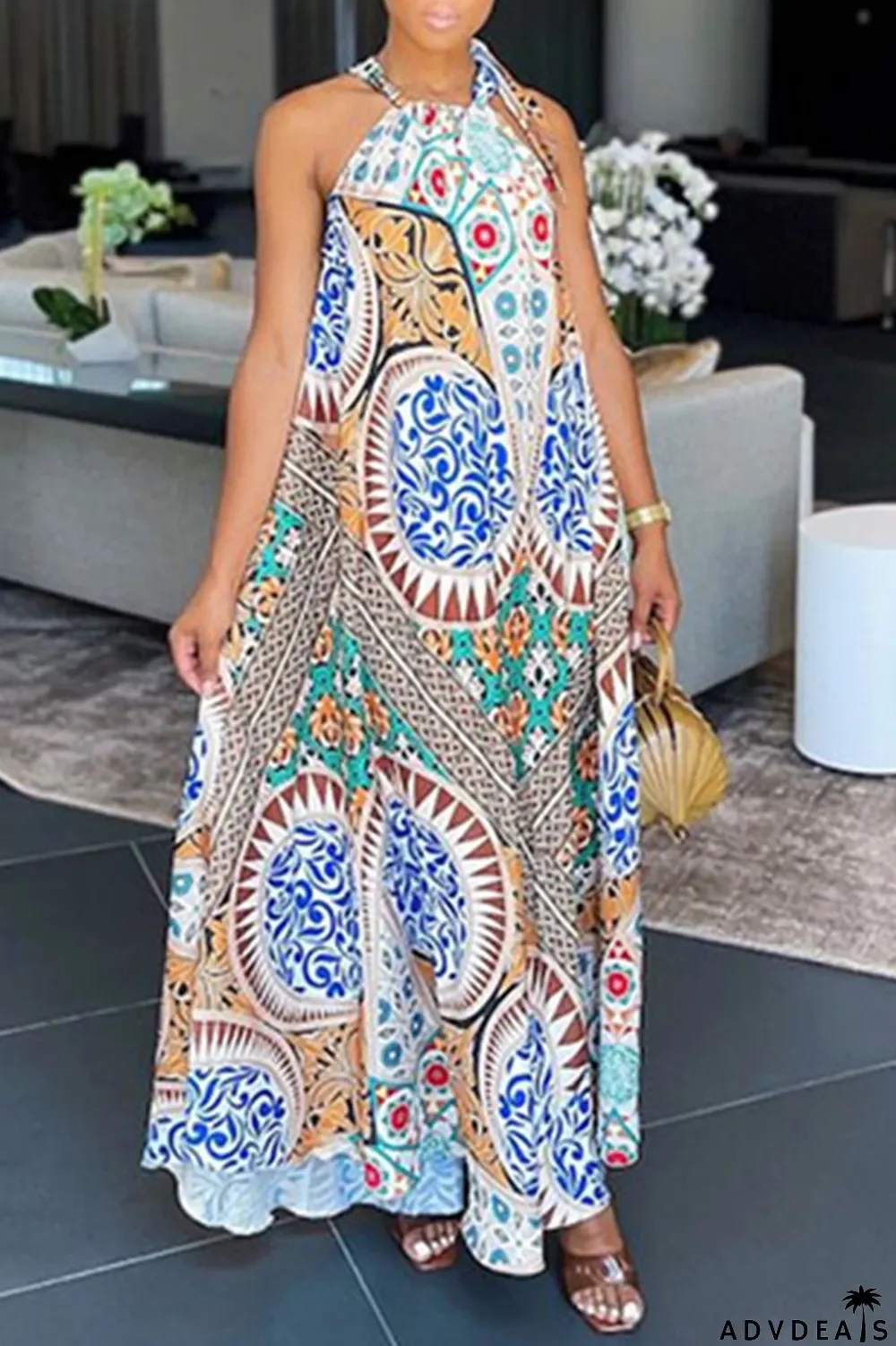 Tangerine Red Casual Print Patchwork Halter Straight Dresses