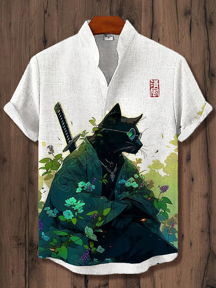 Men's Samurai Cat Japanese Art Print Linen Blend Shirt