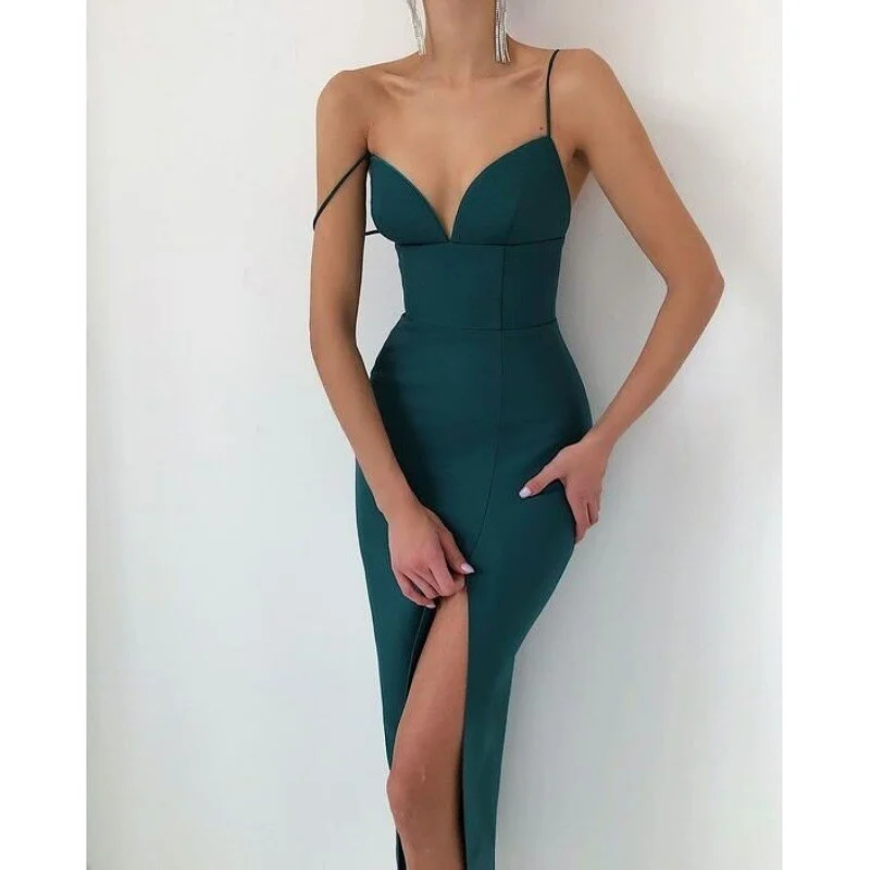 2021 Spaghetti Strap Solid Women Bandage Dresses Sleeveless Mid-Calf V-Neck Party Club Dress Sexy Fashion Elegant Dresses