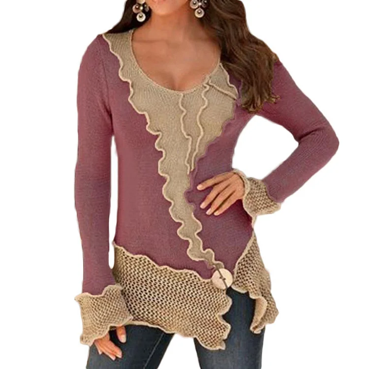 Roundnecklow-cut irregular hem stitching color-blocking long-sleeved sweater