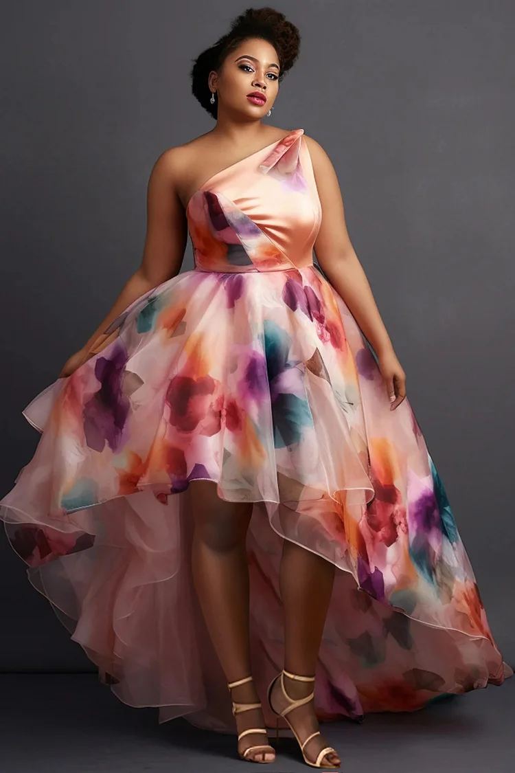Xpluswear Design Plus Size Semi Formal Elegant Pink Floral Oblique Collar One Shoulder Irregular Hem Tulle Maxi Dresses
