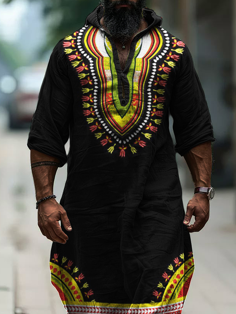 Men's African Ethnic Hooded Linen Long Tunic