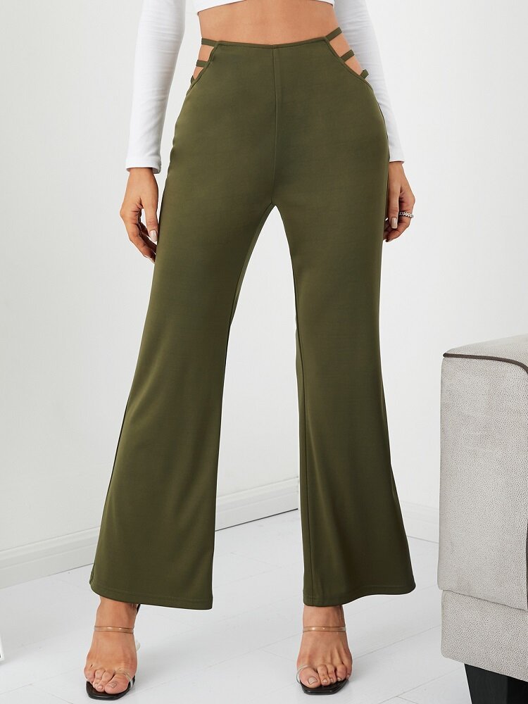 Solid Color Hollow Zipper Elastic Casual Pants For Women