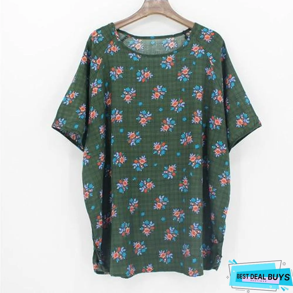 Plus Size Women Batwing Casual Tops Tees Floral Print Cotton Linen Blouses