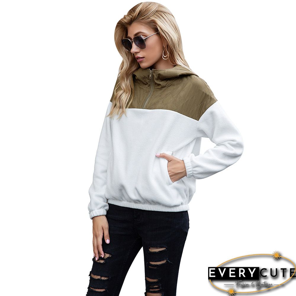 White Colorblock Zipper Fuzzy Pullover Sweatshirt