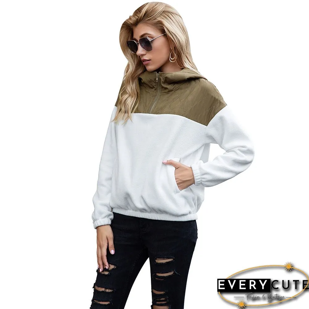 White Colorblock Zipper Fuzzy Pullover Sweatshirt
