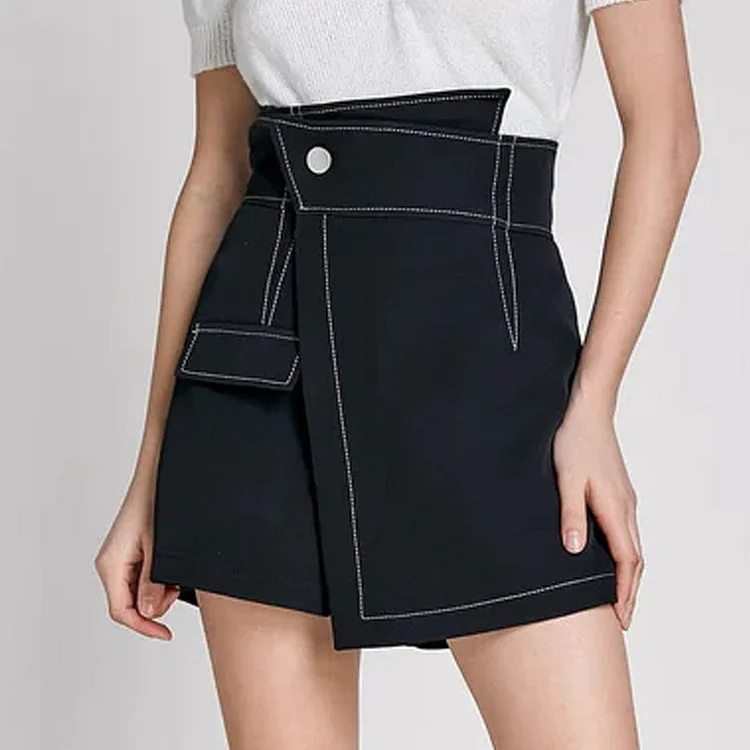 Black Stitching Detail Faux-Wrap Shorts QueenFunky