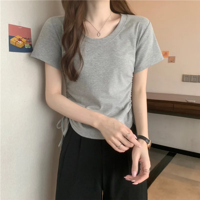 Brownm Brownm Rope Short-Sleeved T-Shirt Women 2024 New Summer Korean Version Design Sense Slim Casual Short Student Jacket Tide