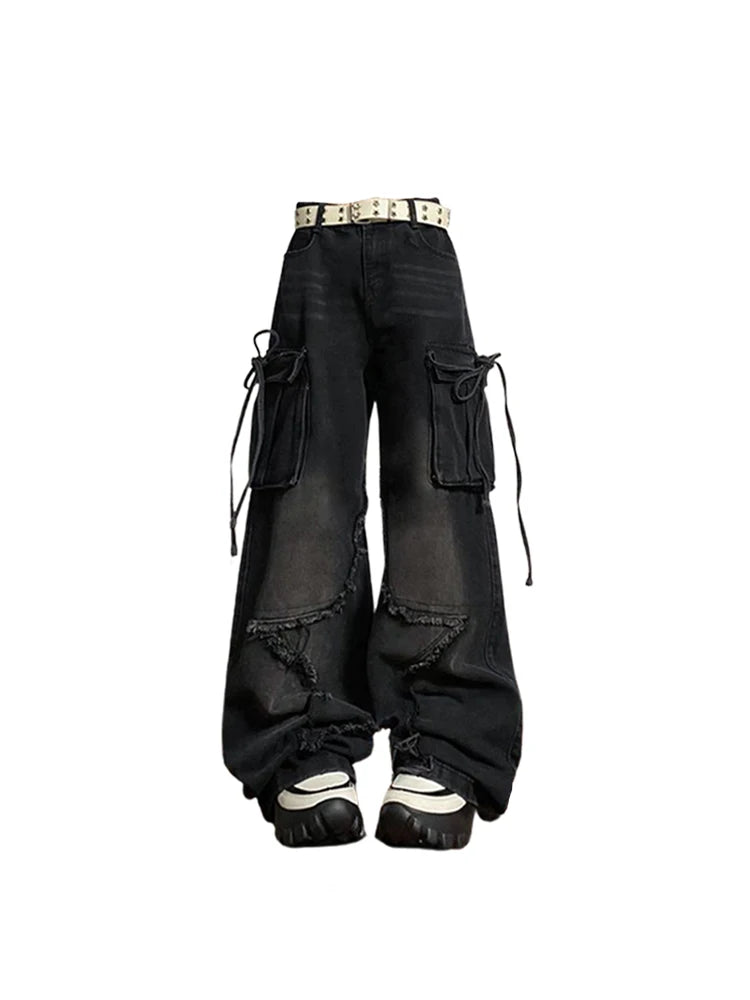 Aiertu Women's Black Gothic Baggy Cargo Jeans with Star Harajuku Y2k 90s Aesthetic Denim Trousers Emo 2000s Jean Pants Vintage Clothes Aiertu